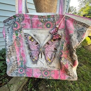 Vintage y2k Canvas Tote Bag‎ Pink Butterfly fairy Embellished cottage art